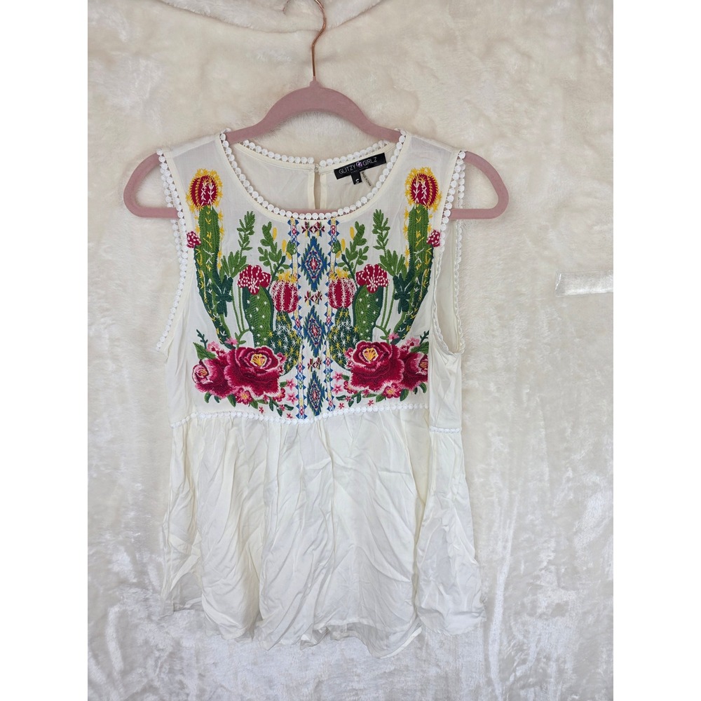 Glitzy Girlz Embroidered Cactus Floral Boho Tank Top‎ Ivory Rayon Small